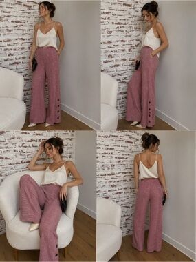 Lucy Folk Pink Textured Wide-Leg Knit Pants with Side Buttons